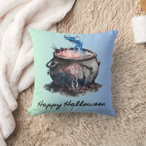 Witches Cauldron Pink and Blue Smoke Halloween Throw Pillow