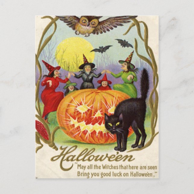 Witches Dancing Around Jack O' Lantern Holiday Postcard (Front)