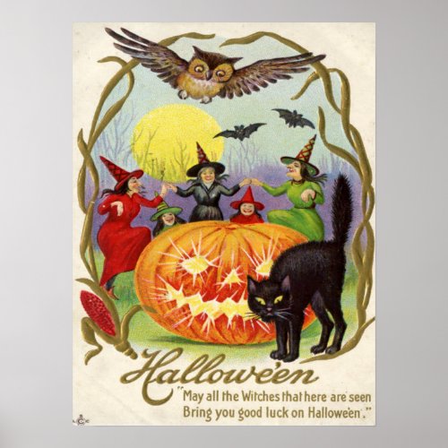 Witches Dancing Around Jack O Lantern Poster