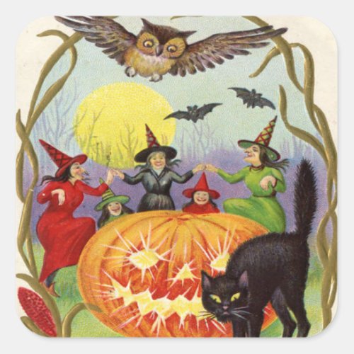 Witches Dancing Around Jack O Lantern Square Sticker