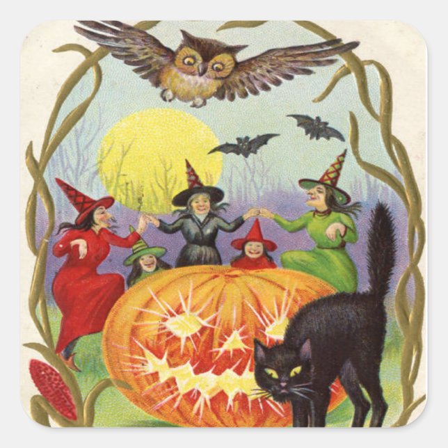 Witches Dancing Around Jack O' Lantern Square Sticker (Front)