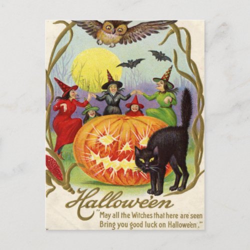 Witches Dancing Around Jack OLantern Holiday Postcard