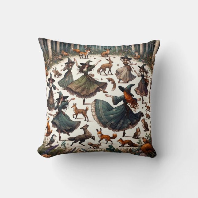 Witches Dans: Enchanted Forest Gathering Throw Pillow (Front)