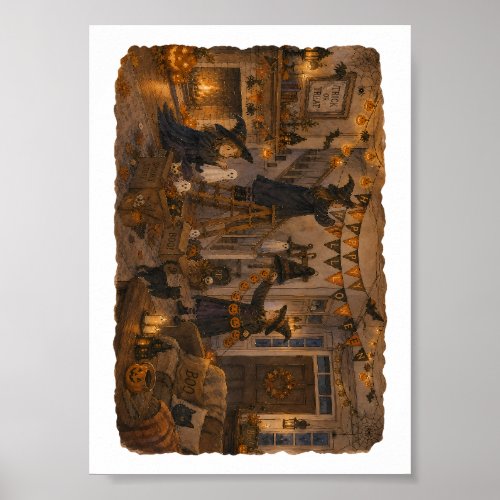 Witches Decorating Halloween Living Room for Cozy Poster