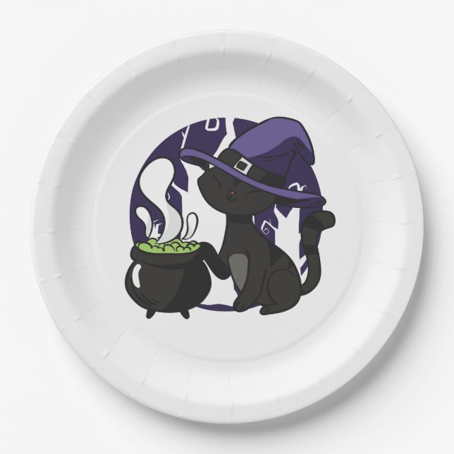 Witches Familiar Black Cat Paper Plates (Front)