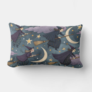 Witches flying on brooms with stars and moons lumbar pillow