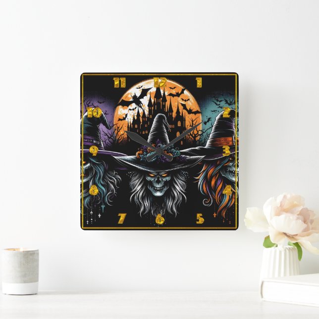 Witches gather at a haunted castle for Halloween Square Wall Clock (Home)
