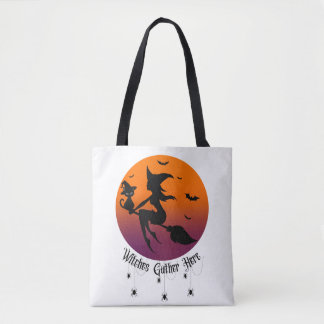 Witches Gather Here  Spiders Halloween Sunset  Tote Bag