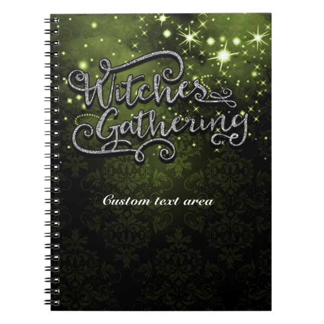 Witches Gathering Green & Black Damask Halloween Notebook (Front)