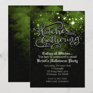 Witches Gathering Green & Black Damask Invitation