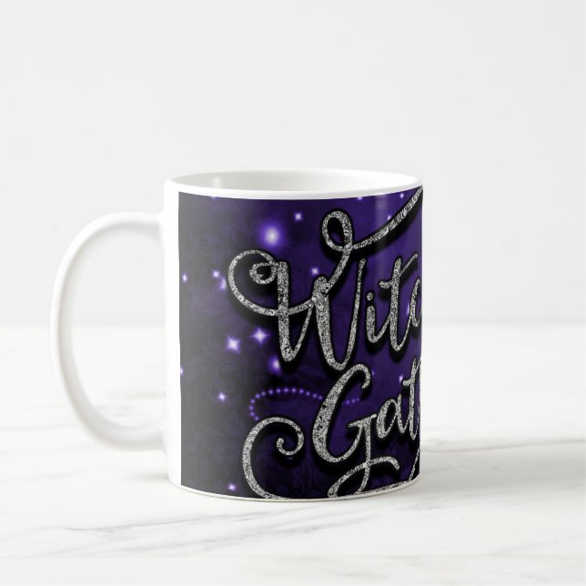 Witches Gathering Purple & Black Damask Halloween Coffee Mug (Left)