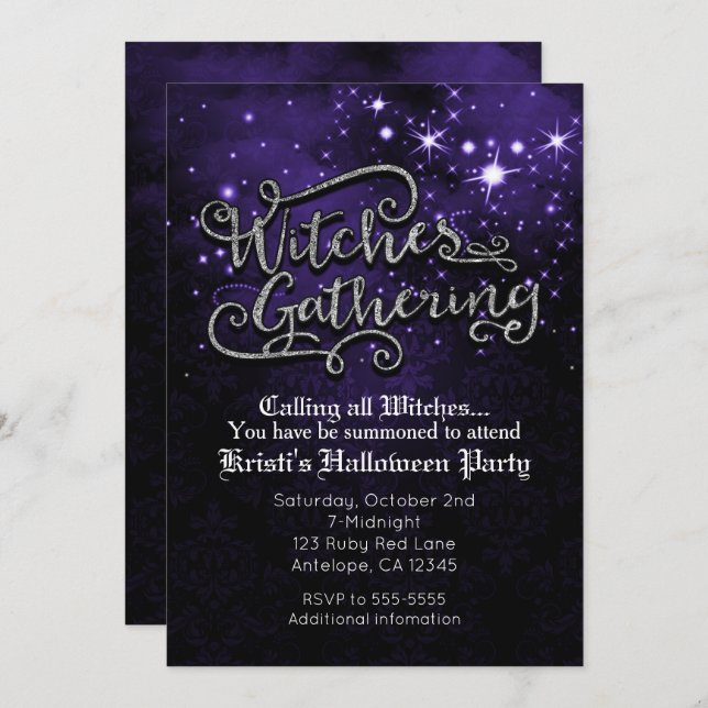 Witches Gathering Purple & Black Damask Invitation (Front/Back)