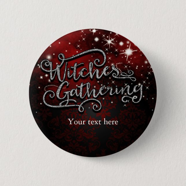 Witches Gathering Red & Black Damask Halloween Pinback Button (Front)