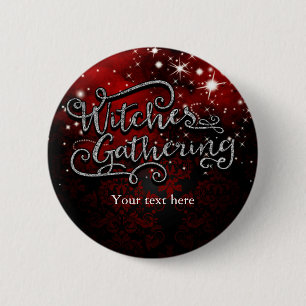 Witches Gathering Red & Black Damask Halloween Pinback Button