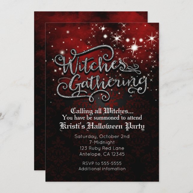 Witches Gathering Red & Black Damask Invitation (Front/Back)