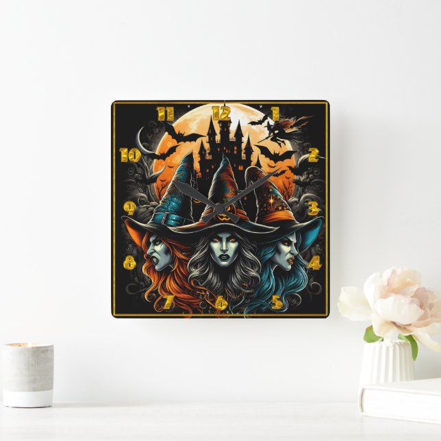 Witches gathering under a full moon on Halloween Square Wall Clock (Home)