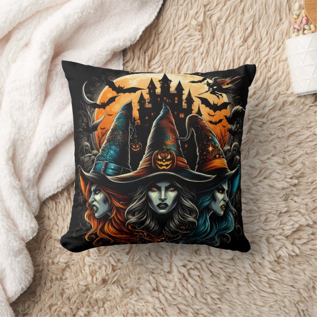 Witches gathering under a full moon on Halloween Throw Pillow (Blanket)