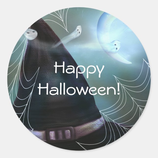 Witches Ghostly Night Happy Halloween Party Favor Classic Round Sticker (Front)