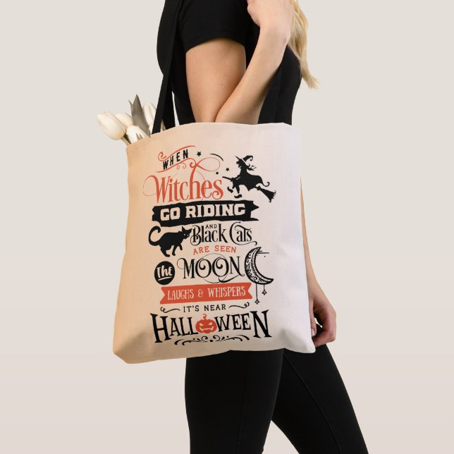 Witches Go Riding Orange Ombre Gradient Halloween Tote Bag (Close Up)