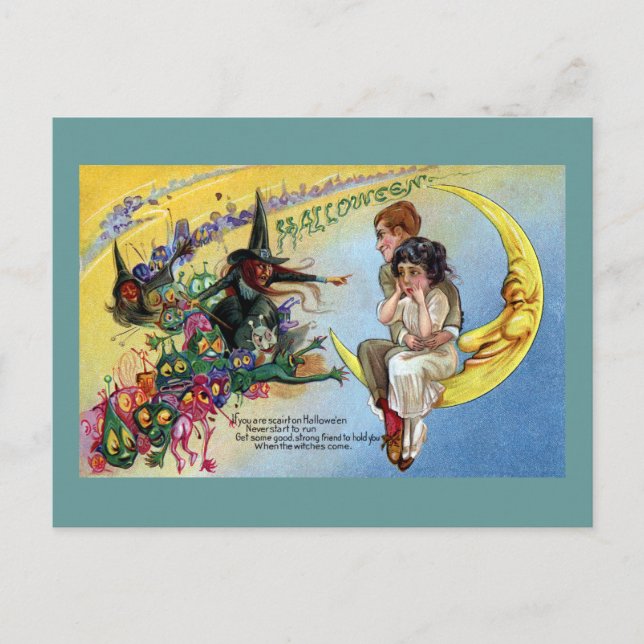Witches, Goblins & Man in the Moon Halloween Postcard (Front)