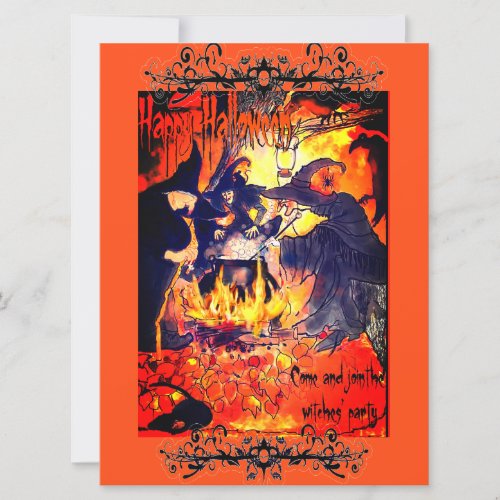 Witches Halloween Party Art Caldron Vultures Invitation