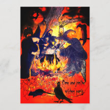 Witches Halloween Party Art Caldron Vultures Tree