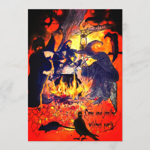 Witches Halloween Party Art Caldron Vultures Tree Invitation