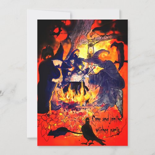 Witches Halloween Party Art Caldron Vultures Tree Invitation