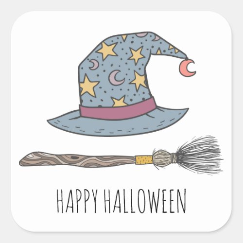 Witches Hat And Broomstick Halloween Party Square Sticker