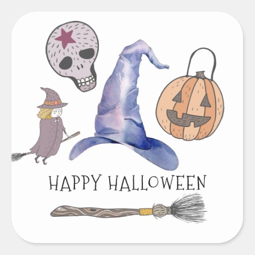 Witches Hat Broom Stick Halloween Square Sticker