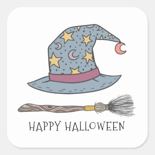Witches Hat Broom stick Halloween Square Sticker
