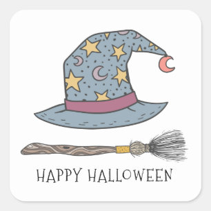 Witches Hat Broom stick Halloween Square Sticker