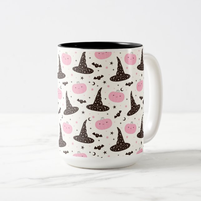 Witches Hats Pumpkins and Bats Two-Tone Coffee Mug (Front Right)