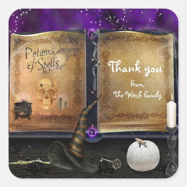 Witches Magic Spell Book Halloween Costume Favor Square Sticker (Front)