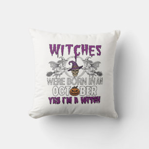 Witches October Halloween Skull Witch Hat Pumpkin_ Throw Pillow