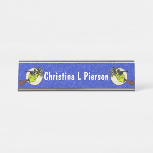Witches on Brooms Flying Past Moon Cats Blue Desk Name Plate