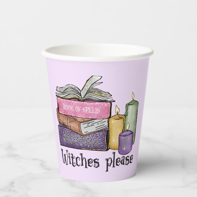 Witches Please – Stack of Witchy Books Paper Cups (Front)