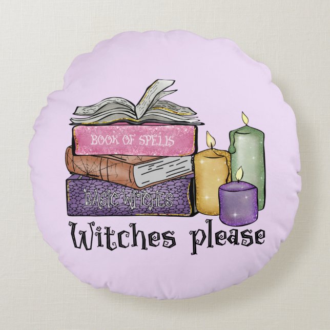Witches Please – Stack of Witchy Books Round Pillow (Front)
