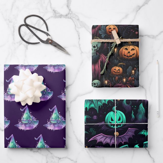 Witches Pumpkin Skulls Bats Scary Halloween Wrapping Paper Sheets (Front)