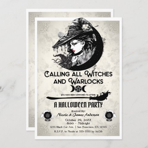 Witches  Warlocks Vintage Witch Halloween Party Invitation