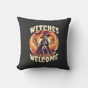 Witches Welcome Halloween Skeleton Witch Broom Bat Throw Pillow