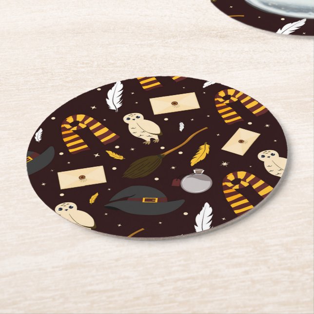 Witches, Wizards & Magic Pattern Round Paper Coaster (Angled)