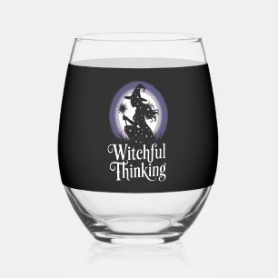 Witchful Thinking Halloween Girl T-shirt Stemless Wine Glass
