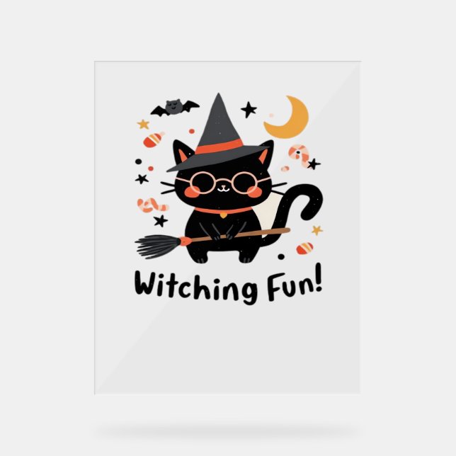 Witching Fun Black Cat with Broom – Cute Halloween Acrylic Sign (Front)