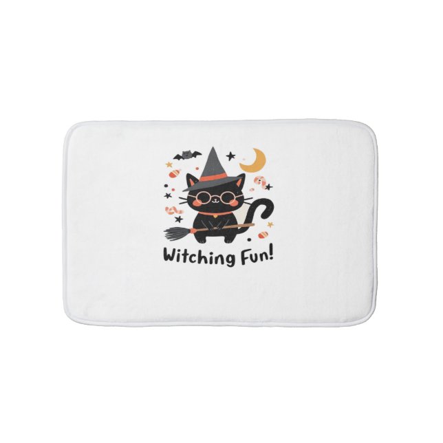 Witching Fun Black Cat with Broom – Cute Halloween Bath Mat (Front)
