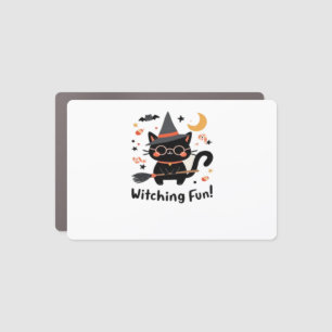 Witching Fun Black Cat with Broom � Cute Halloween Car Magnet
