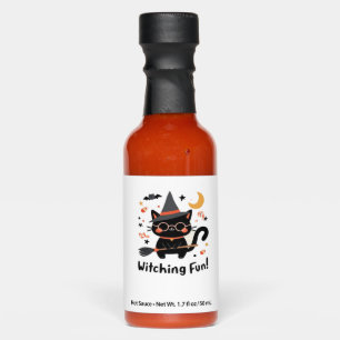 Witching Fun Black Cat with Broom � Cute Halloween Hot Sauces