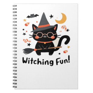 Witching Fun Black Cat with Broom – Cute Halloween Notebook