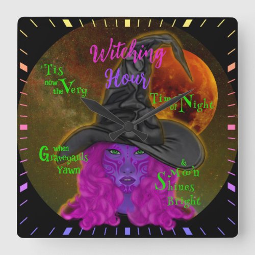 Witching Hour Green_eyed Witch Square Wall Clock