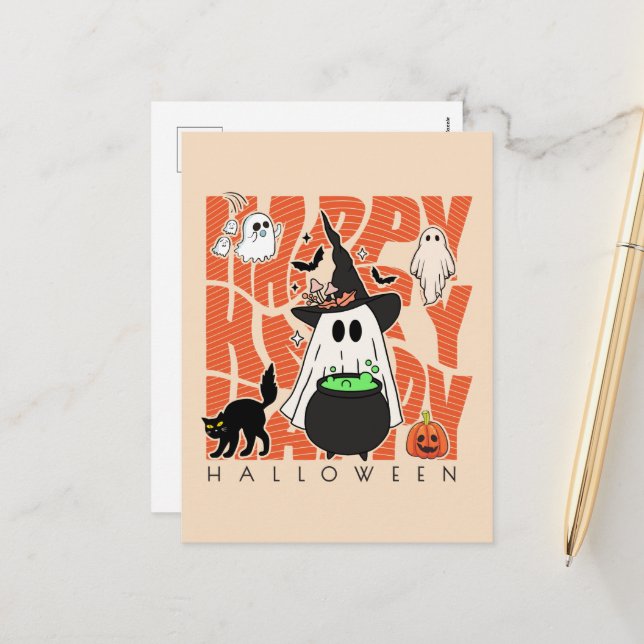 Witching Up Fun | Happy Halloween Magic & Mischief Holiday Postcard (Front/Back In Situ)